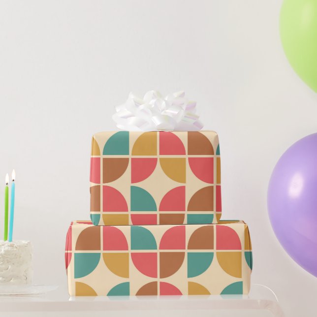 Papel De Presente Abstrato de meio século Geométrico Mostarda Vermel (Presentes para festas)