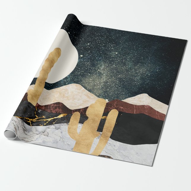 Papel De Presente Abstrato Desert Night Sky com Ouro Cactus (Desenrolado)