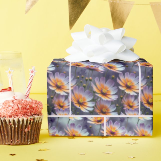 Papel De Presente Abstrato do Cosmos Laranja e Roxo (Festa de aniversário)