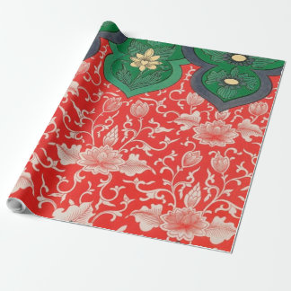 Papel De Presente Abstrato do Lotus Asiático Vermelho e Verde