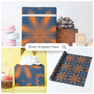 Papel De Presente Abstrato floral caleidoscópio azul escuro laranja