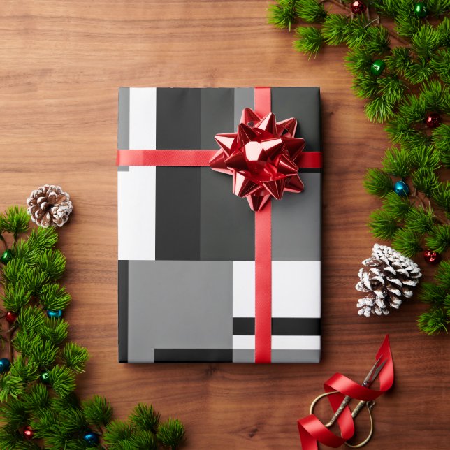 Papel De Presente Abstrato Geométrico Preto e Branco Estilo Mondrian (Presente de Natal)