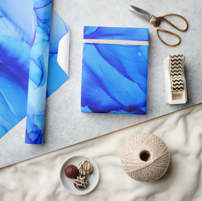 Papel De Presente Abstrato Indigo Blue Watery Tinta Álcool (Artesanato)