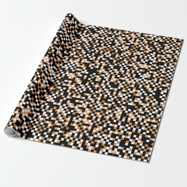 Papel De Presente Abstrato Pixelado Preto, Branco e Dourado (Desenrolado)