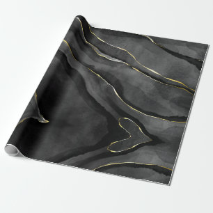 Papel De Presente Abstrato preto e Dourado Agate Marble Swirl