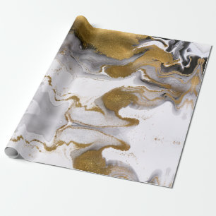 Papel De Presente Abstrato preto e Dourado Agate Marble Swirl