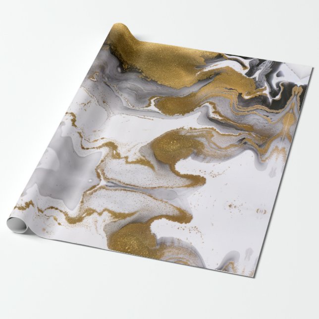 Papel De Presente Abstrato preto e Dourado Agate Marble Swirl (Desenrolado)