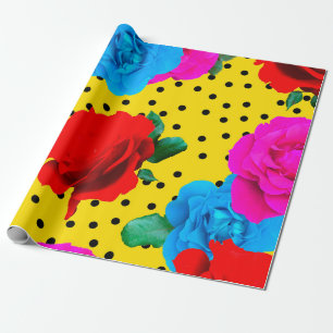Papel De Presente Abstrato Rosas Reais Coloridos e Folhas Metálicas