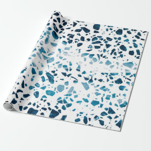 Papel De Presente Abstrato Terrazzo Mosaico Marinho e padrão azul cl