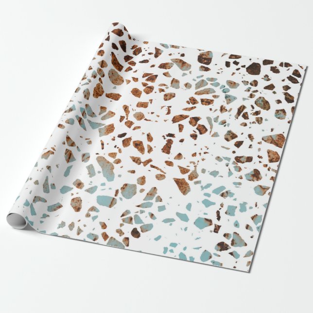 Papel De Presente Abstrato Terrazzo Mosaico Rust Brown & Blue Padrão (Desenrolado)