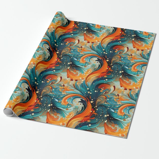 Papel De Presente Abstrato Verde-azulado e Laranja (Desenrolado)
