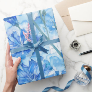 Papel De Presente Abstrato Watercolor Blue e White Flowers