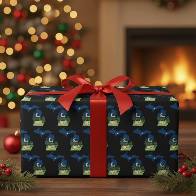 Papel De Presente Acampamento Michigan Sob as Estrelas Black (Michigan Camp Under the Stars Black Wrapping Paper)