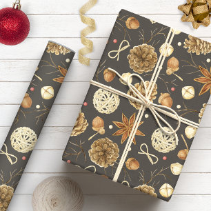 Papel De Presente Ação de Graças de Pinhas em Aquarela no Campo Rúst