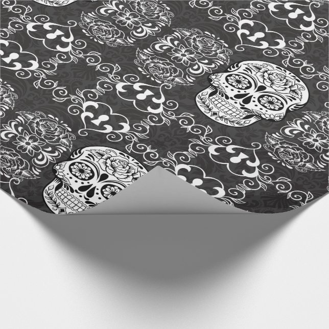 Papel De Presente Açúcar Decorativo Crânio Negro Grunge Gótico Branc (Ponta)
