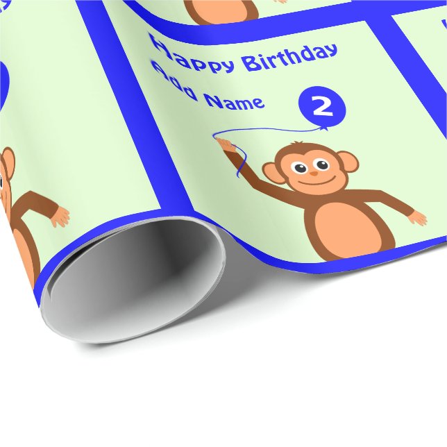 Papel De Presente Adicionar nome ao segundo aniversário macaco aqua (Ponta do rolo)