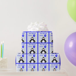 Papel De Presente Adicionar nome pinguim aniversário de 3 anos azul