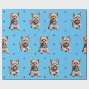Papel De Presente Adorable Yorkshire Terrier Christmas em azul