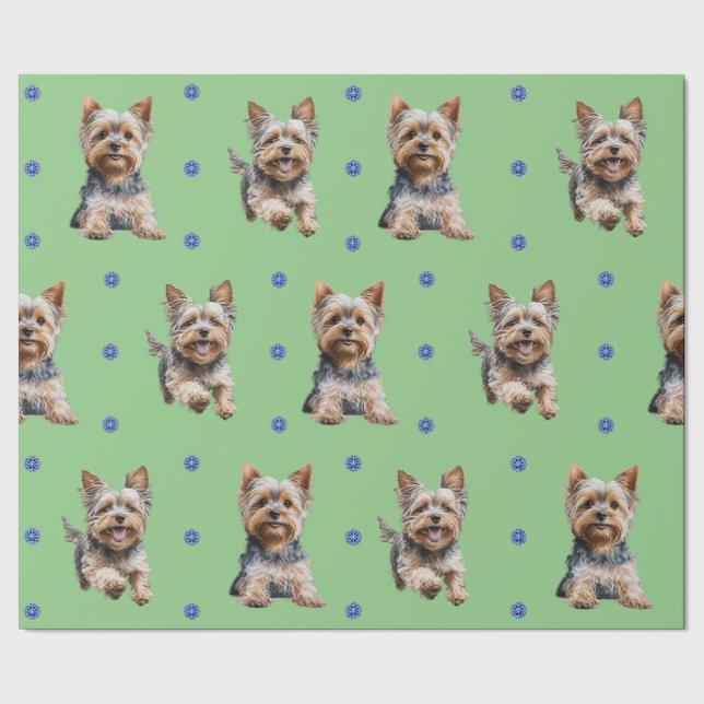 Papel De Presente Adorable Yorkshire Terrier Christmas em verde (Barra)