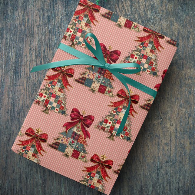 Papel De Presente Adoráveis árvores de Natal em patchwork gingham co (Criador carregado)
