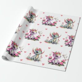 Papel De Presente Adoráveis Dragões de Bebê e Corações no Namorados 