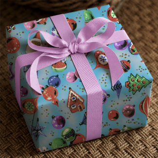 Papel De Presente Adoráveis Enfeites de Natal Azuis Coloridos e Retr