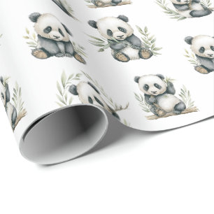 Papel De Presente Adoráveis Pandas Bebês Comendo Bambu em Aquarela