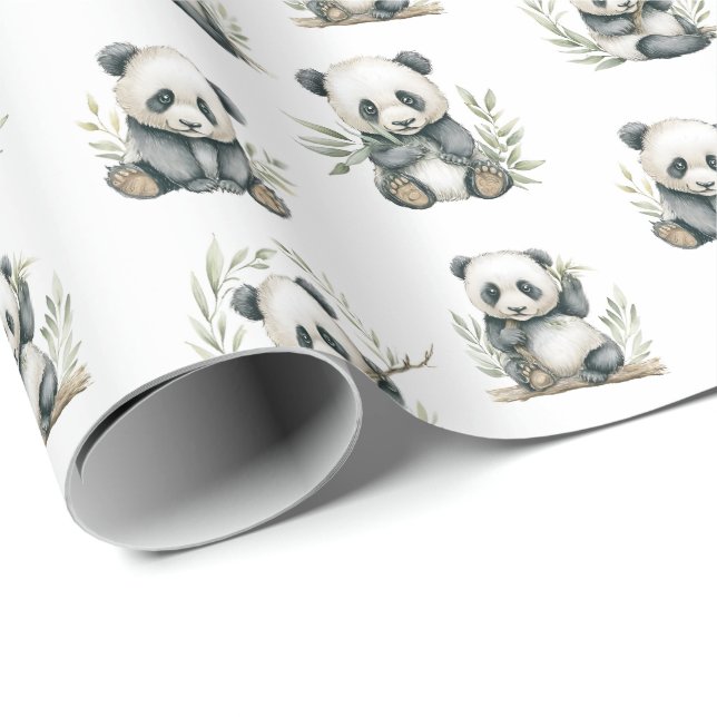Papel De Presente Adoráveis Pandas Bebês Comendo Bambu em Aquarela (Ponta do rolo)