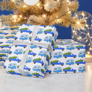 Papel De Presente Adoráveis Reboques de Natal RVs Caminhões Azul Nat