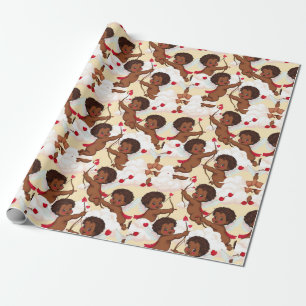 Papel De Presente Adorável Cherub Afro-Americano com Corações