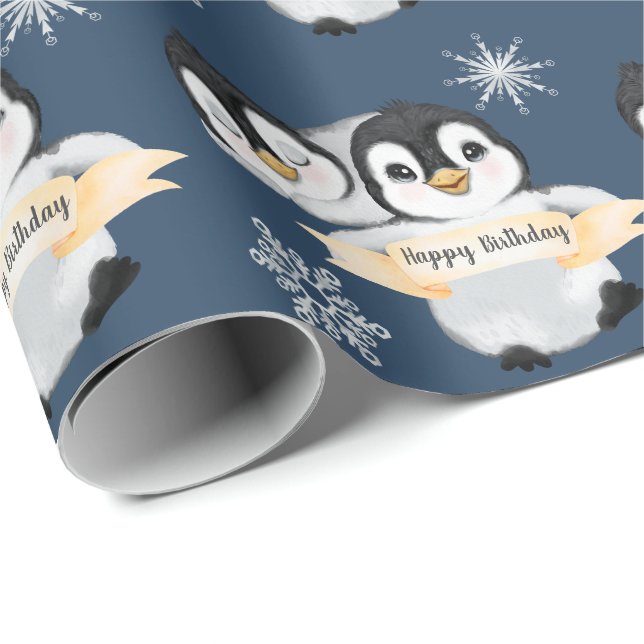 Papel De Presente Adorável Criança Pinguim Feliz Aniversário (Ponta do rolo)