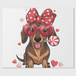 Papel De Presente Adorável Dachshund de Óculos de Coração e Bolinhas