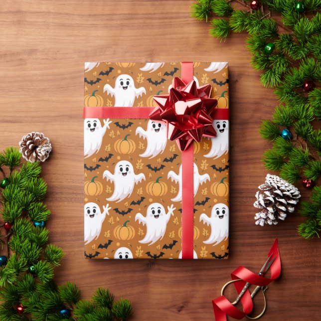 Papel De Presente Adorável Fantasma de Halloween Padrão de Abóbora (Presente de Natal)