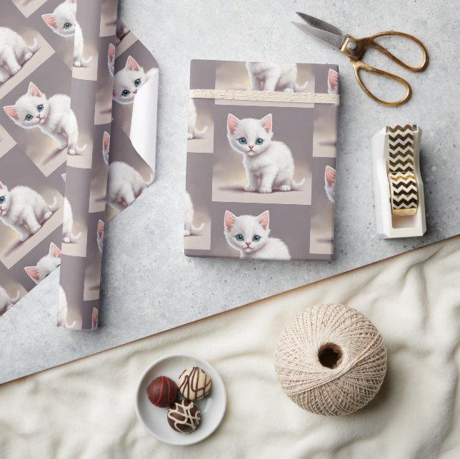 Papel De Presente Adorável gatinho branco (Artesanato)