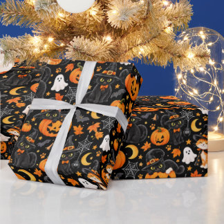 Papel De Presente Adorável Gato Preto & Abóbora Padrão Assustador Se