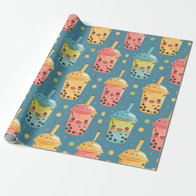 Papel De Presente Adorável Kawaii Boba Drink Design (Desenrolado)