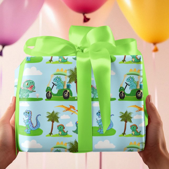 Papel De Presente  Adorável Padrão de Golfe Infantil com Dinossauros (Criador carregado)