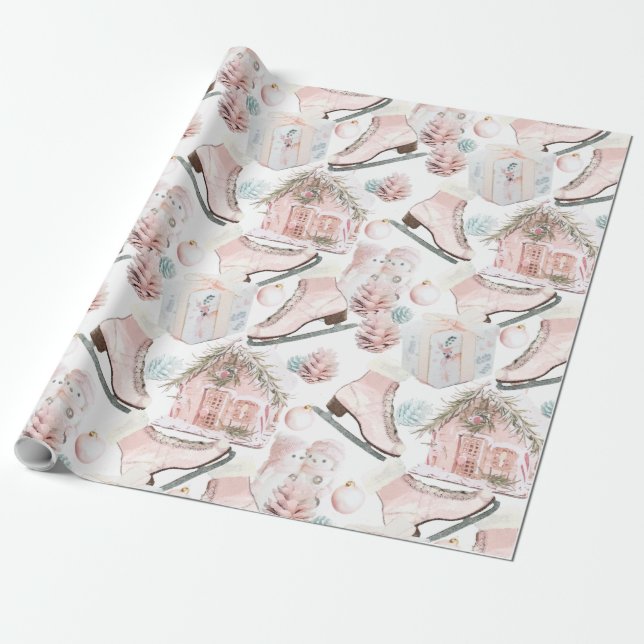 Papel De Presente Adorável padrão de Natal cor-de-rosa Chique (Desenrolado)