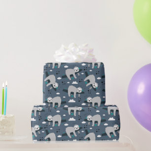 Papel De Presente adorável padrão de preguiça cinza fofo em fundo az