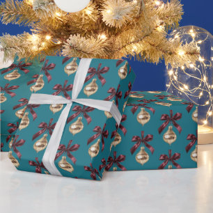 Papel De Presente Adorno de Natal Dourado com Laço Verde Turquesa e