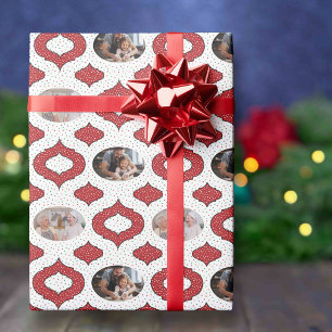 Papel De Presente Adorno de Natal Foto Vermelho e Branco Fofo