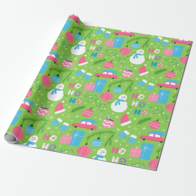 Papel De Presente Adorno de Natal Homens de Neve Azul Rosa Verde Fes (Desenrolado)