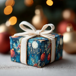 Papel De Presente Adornos Clássicos de Natal Azul & Padrão de Azevin