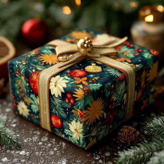 Papel De Presente Adornos Clássicos de Natal & Folhagem de Feriado