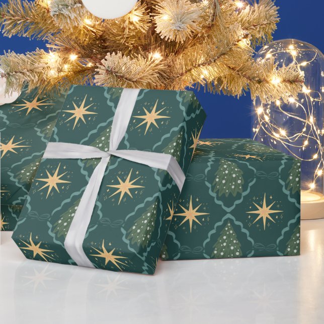 Papel De Presente Adornos de Natal estrelas douradas esmeralda verde (Feriados)