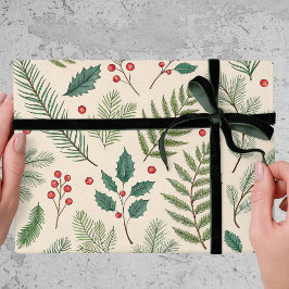 Papel De Presente Adornos de Natal Frutas Vermelhas Árvore de Pinhei