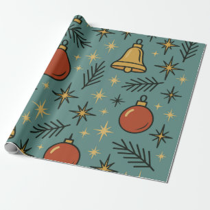 Papel De Presente Adornos de Natal Retro Padrão de Sinos e Estrelas