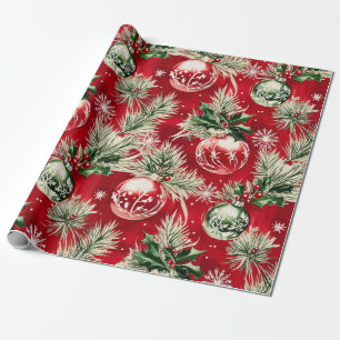 Papel De Presente Adornos Natalinos Vintage Brilhantes em Carmesim