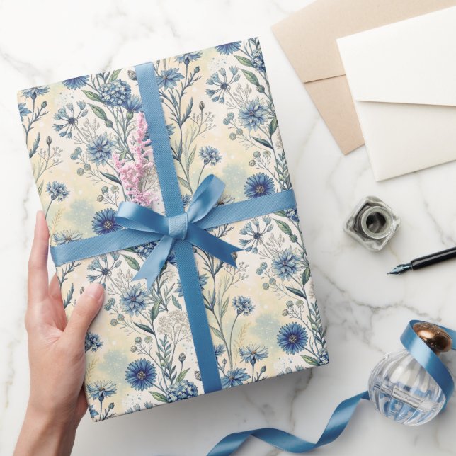 Papel De Presente Aesthetic Blue Wildflowers (Presentear)