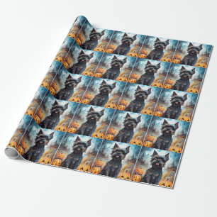 Papel De Presente Affenpinscher de Halloween com Abóboras Assustador